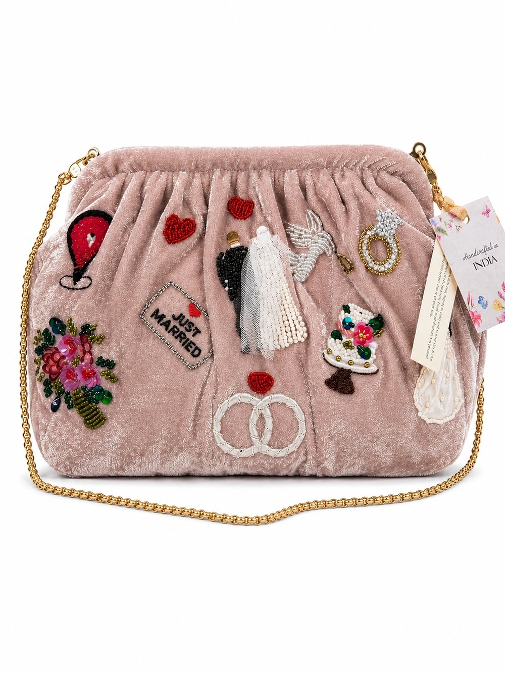 NWT Handcrafted In India Beaded "Just Married" Wedding Clutch Purse, Soft Mauve